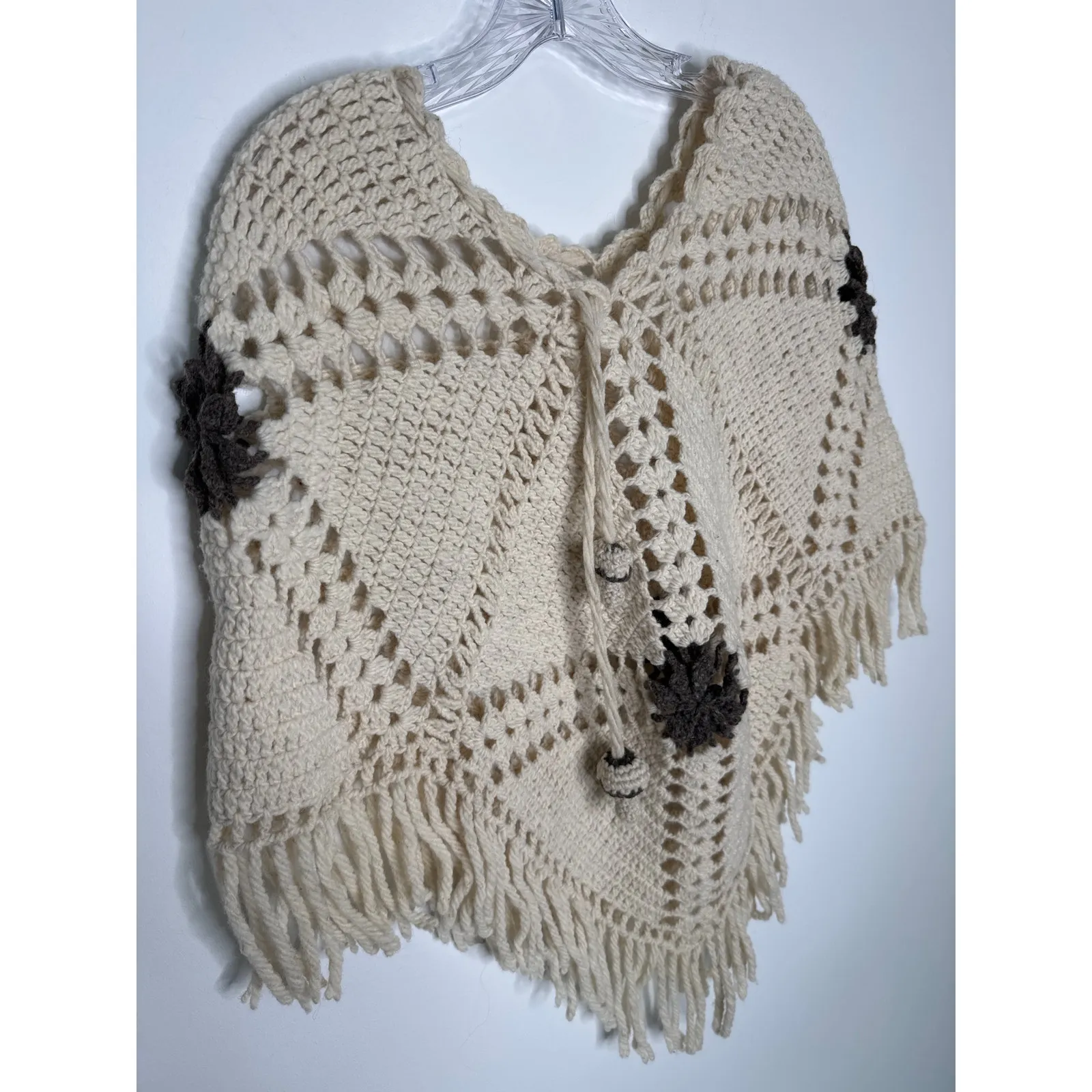 Vintage 1970s Handmade Crochet Poncho with Mushroom Tassel Ties & Fringe S - Image 10