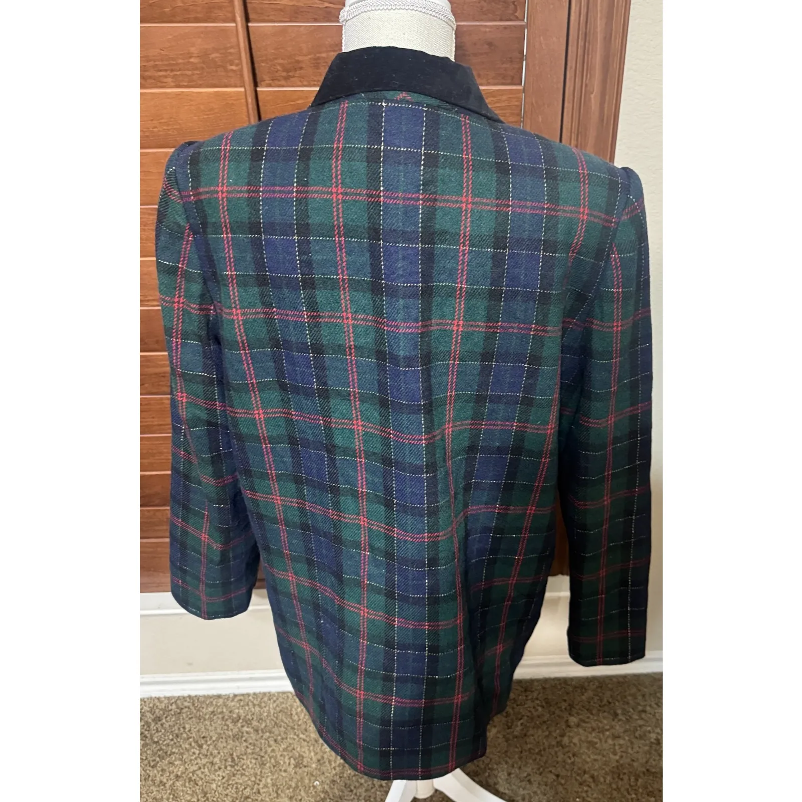 VTG Sag Harbor Wool Plaid Blazer Tartan Navy blue green Jacket Old Money sz 16 - Image 5