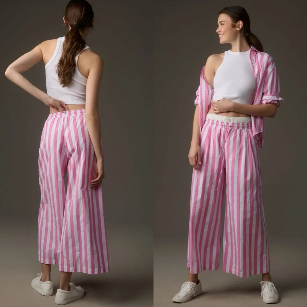 NWT ANTHROPOLOGIE SUNDRY Striped Wide Leg Pink White Drawstring Pants sz L - Image 2