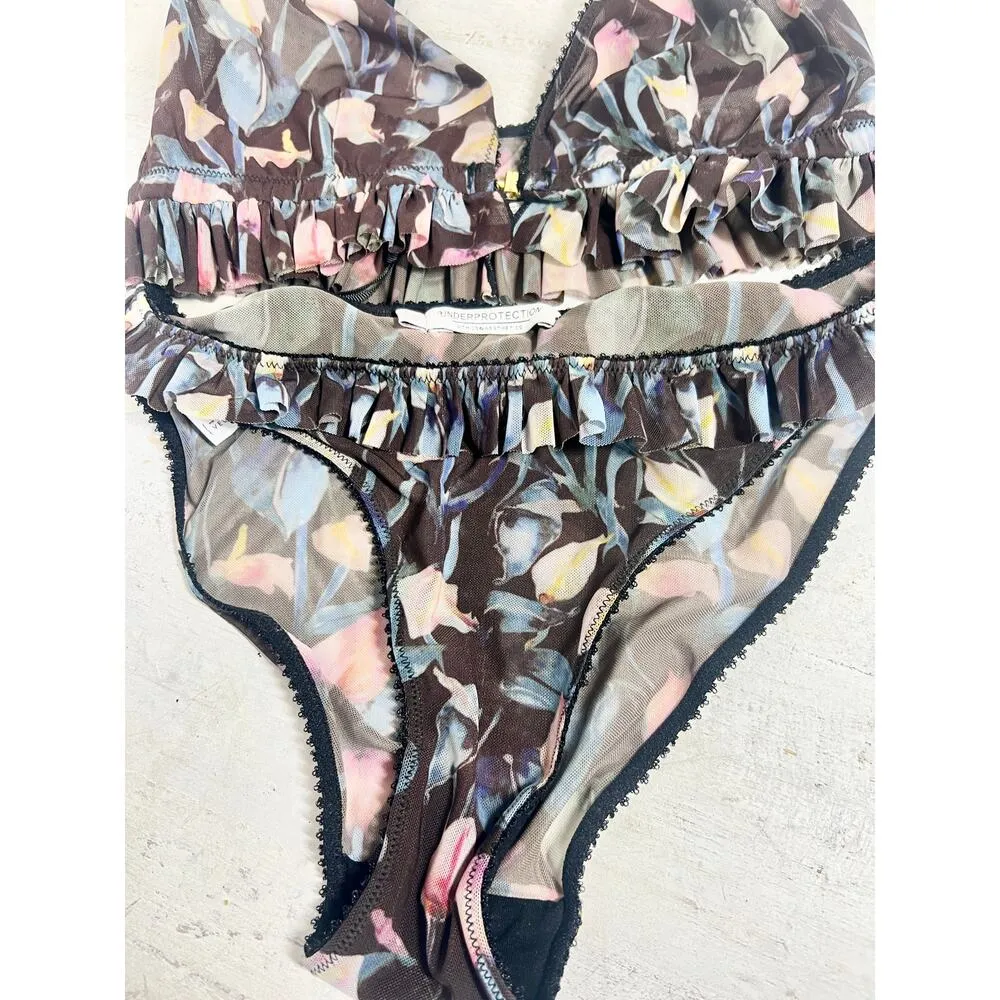 NWT Underprotection Nikoline Ruffle Trim Bra & Briefs Set Blue Floral Women's S - Image 2