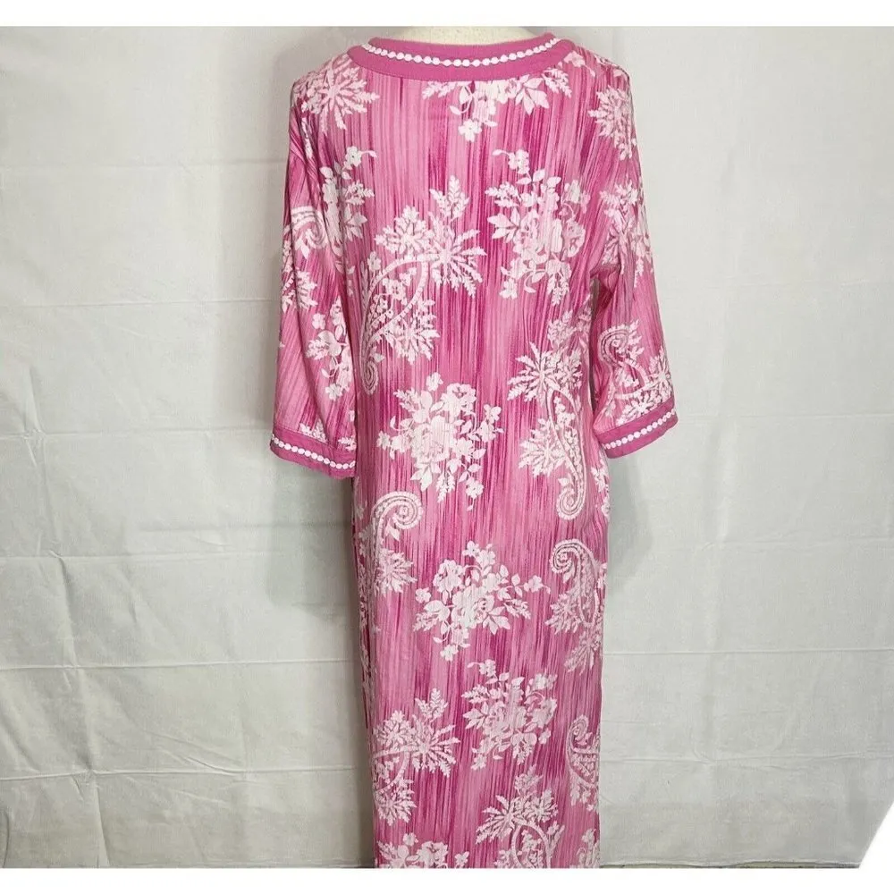 Carole Hochman Long Dressing Gown Housecoat 1/2 Zip Pink Floral Cotton Sz Small - Image 9