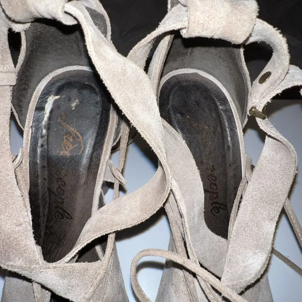 Free People Taupe Nouvella Criss‎ Cross Wrap Chunky Heel Suede Leather Sz 38/6.5 - Image 11