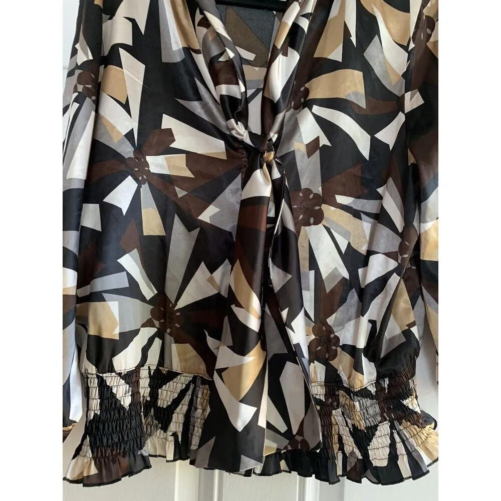 Apostrophe Women's Blouse Top Waist Tie Geometric Brown‎ Grey White Size XL - Image 5