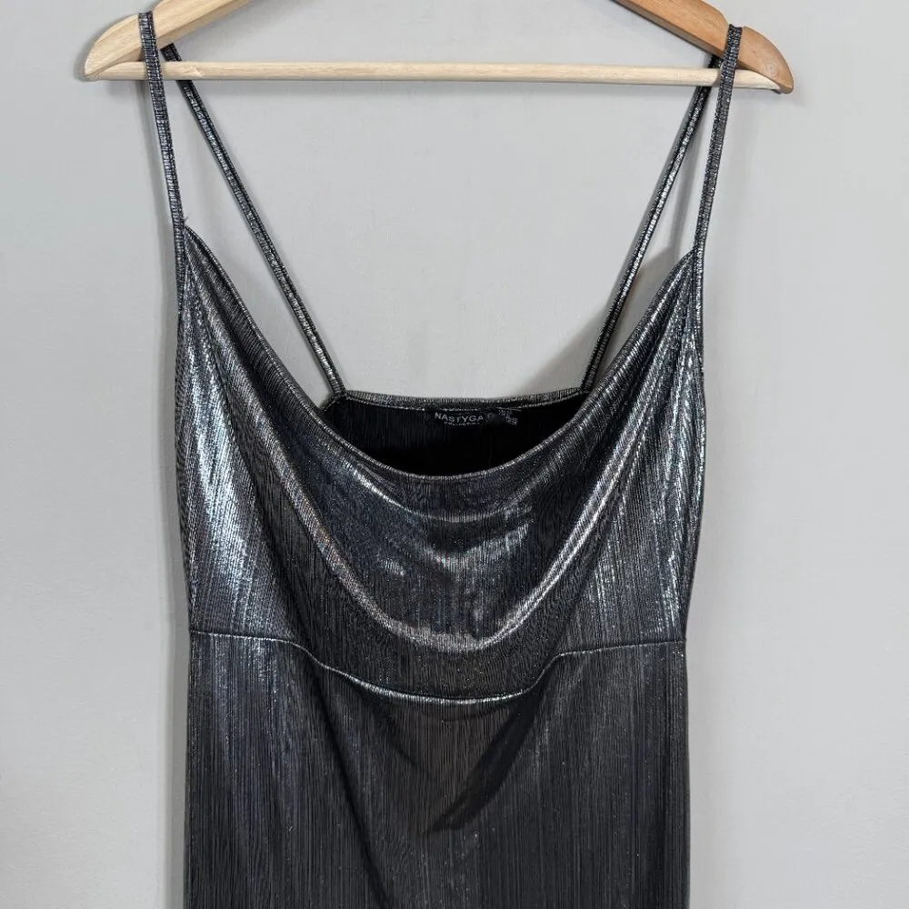 Nasty Gal Sheen There Done That Cowl Neck Midi Dress Women 8 Silver Metallic NWT - Image 8