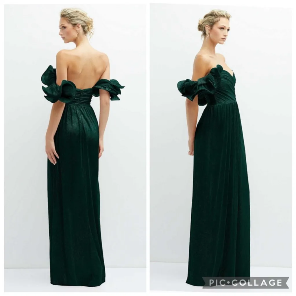 After Six 6883 Covertible Ruffle Strap Pleated Gown Metallic Evergreen S - Image 3