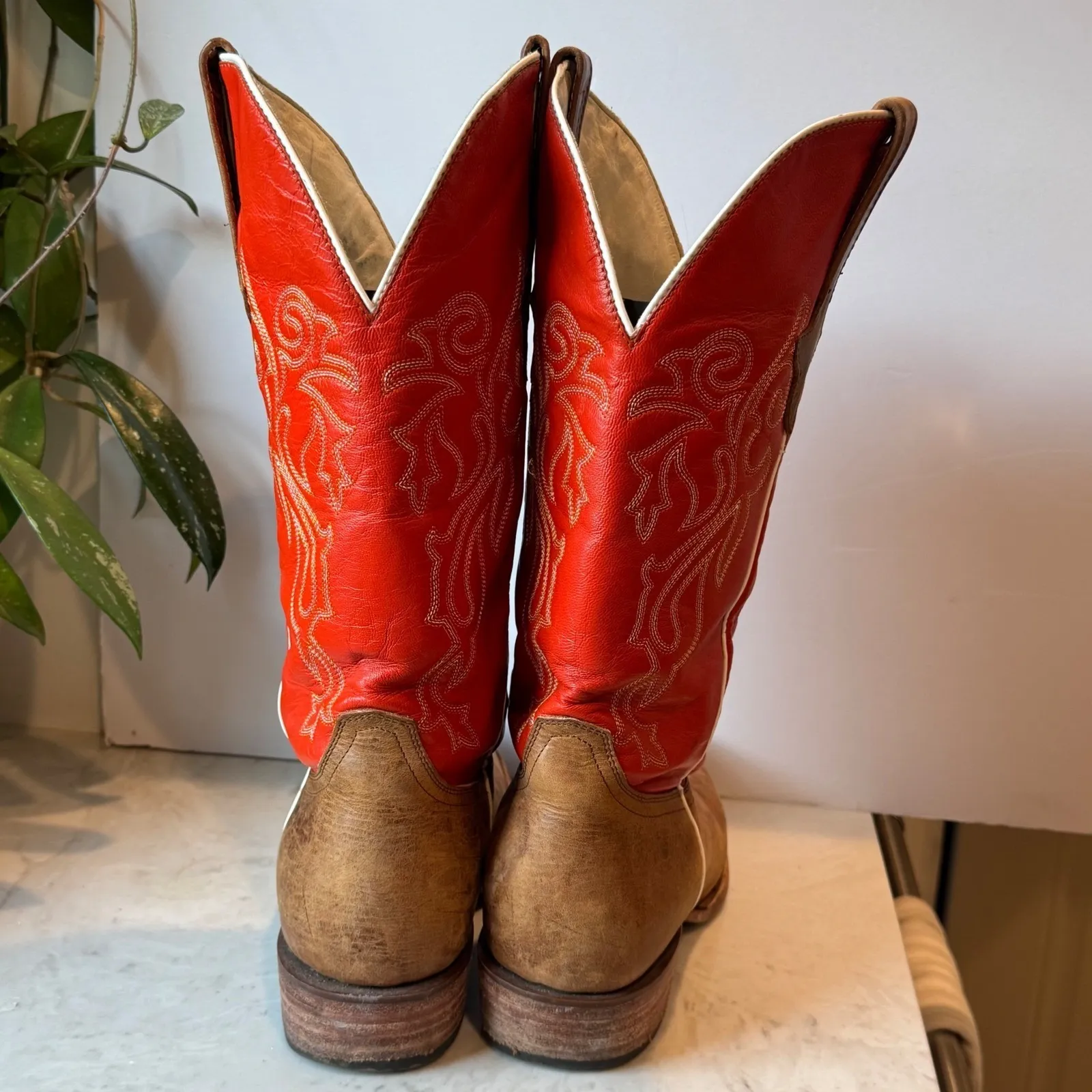 J.B. Dillon Cowboy Western Boots Womens 10 B USA Made Red Tan Leather Square Toe - Image 8