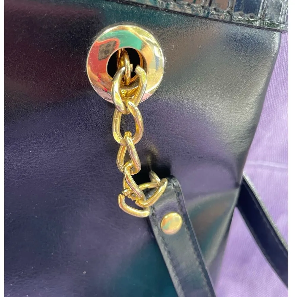 Vintage Gold Coast Collection Handbag,Black Faux Leather Croc Embossed and Chain Black - Image 2