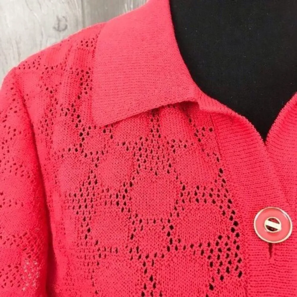 vintage St. John coral short sleeve cardigan shirt knit crochet pattern pink - Image 4