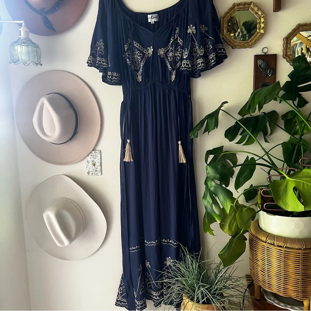 BALI QUEEN‎ boho embroidered Maxi Dress navy blue Women’s ONE SIZE resort vacay - Image 2