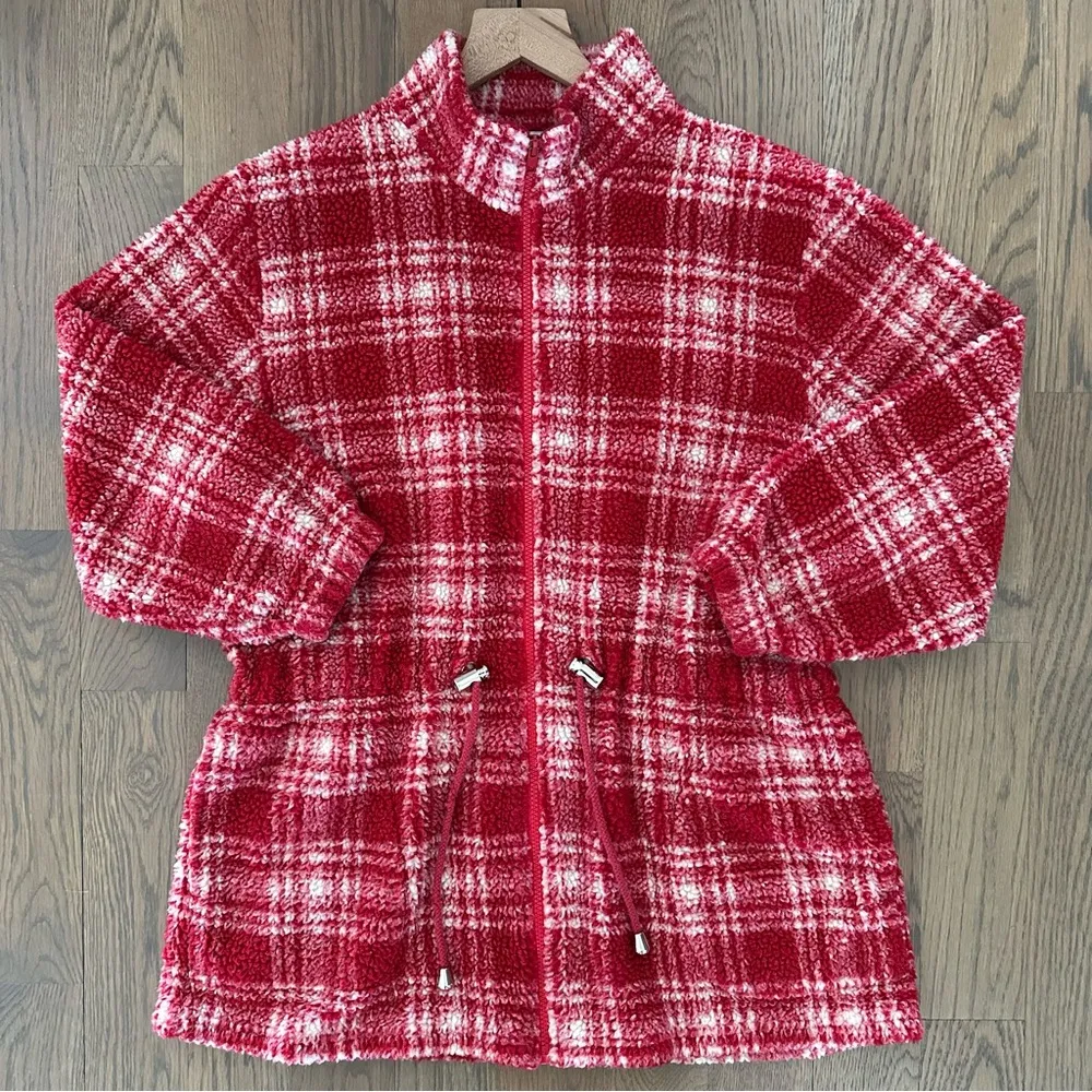 Anthropologie Vintage Collared Fleece Drawstring Waist Jacket Red White Plaid M - Image 6
