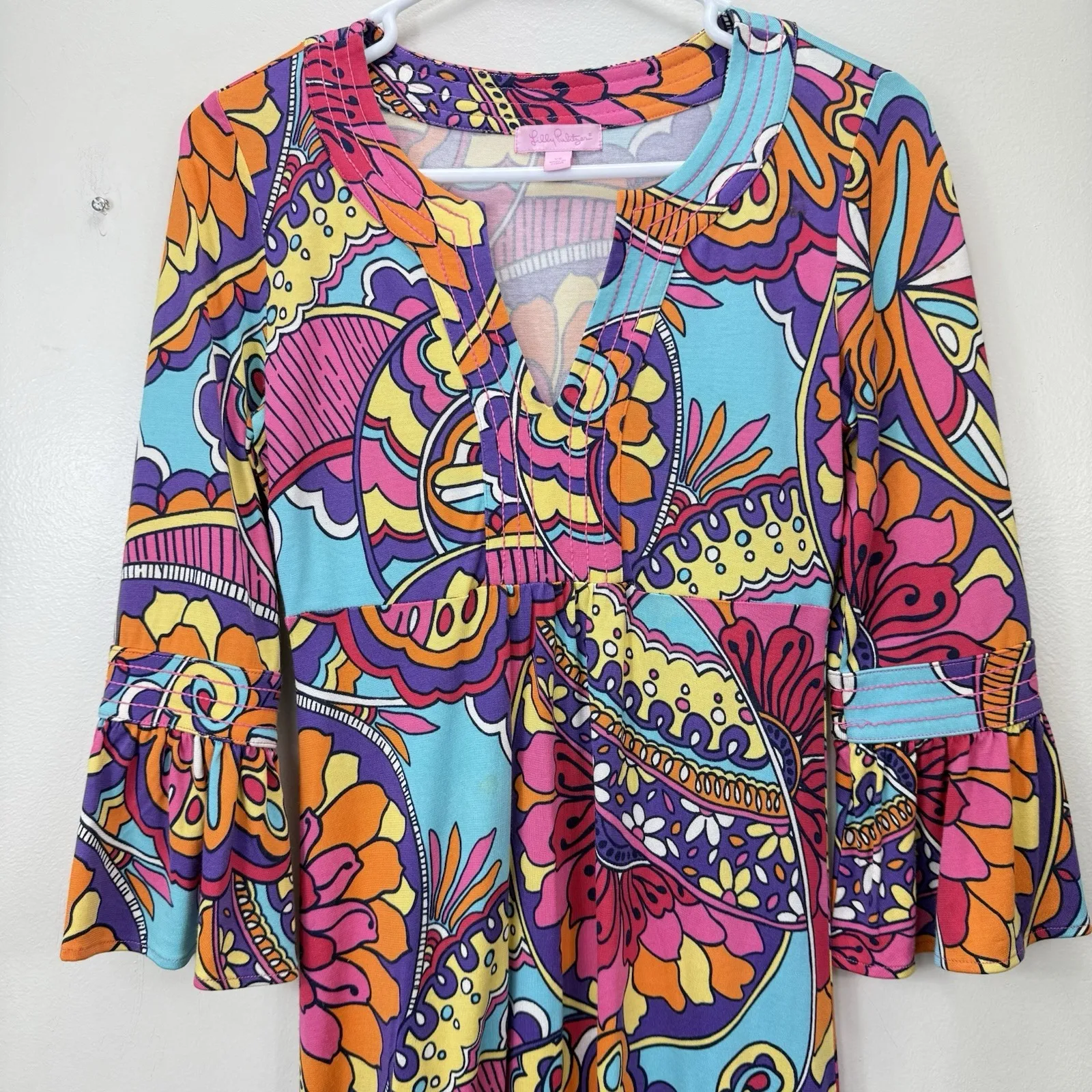 Lilly Pulitzer Optical‎ Confusion Mod 70's Butterfly Bell Sleeve Dress Size XS - Image 3