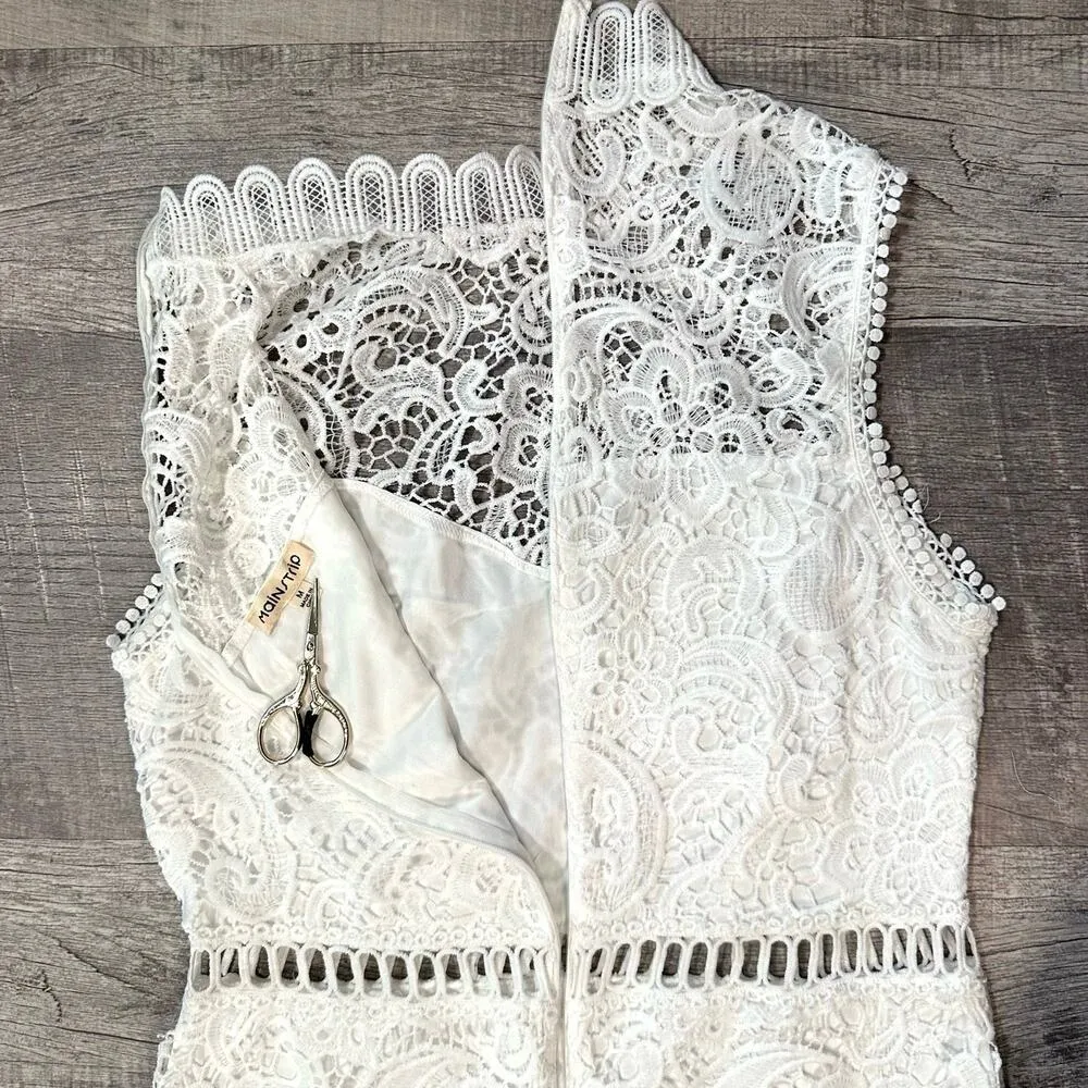 White Crochet Lace Overlay Midi Dress M Sleeveless High Neck Bridal - Image 10