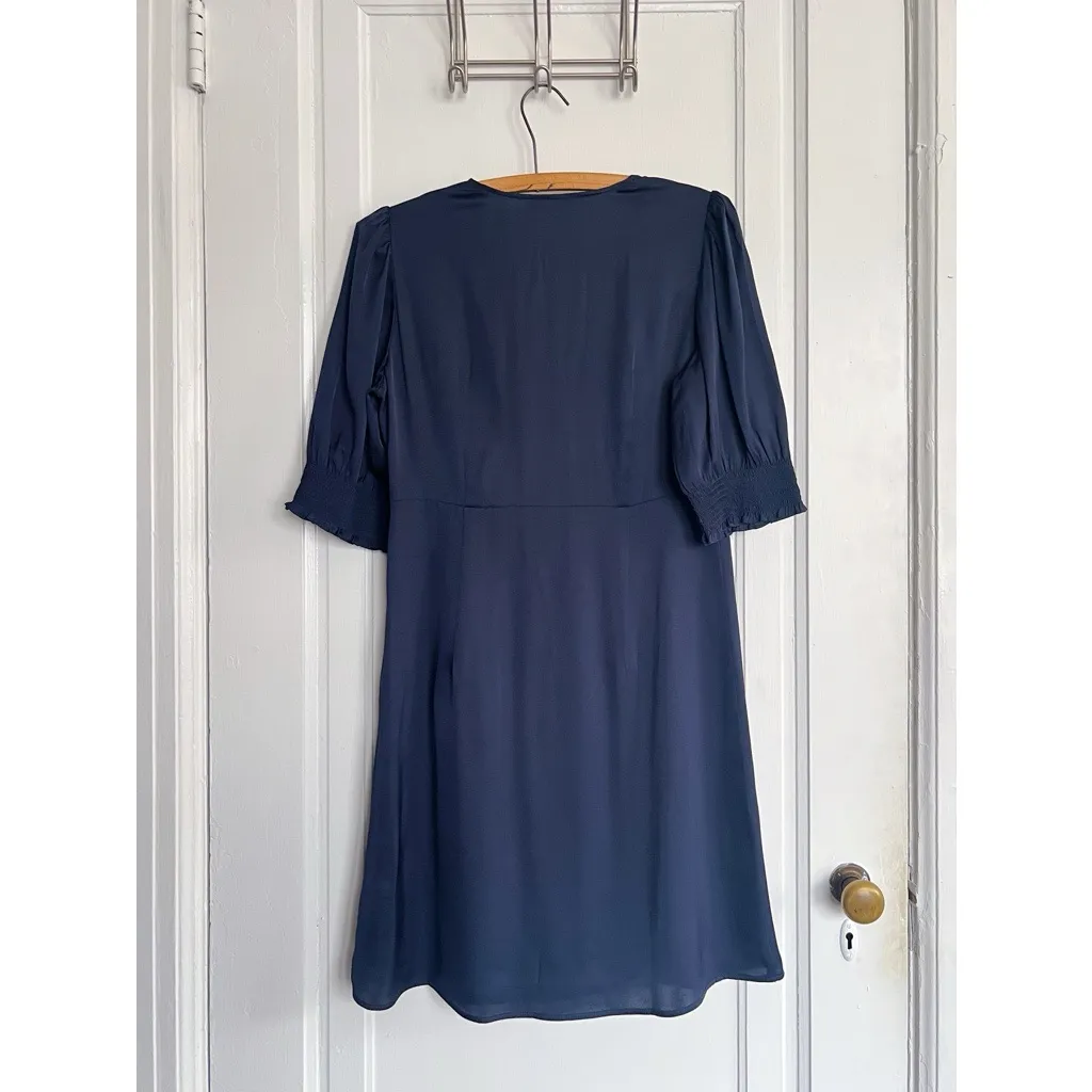 Quince • Washable Stretch Silk Puff Sleeve Mini Dress navy blue v neck - Image 10