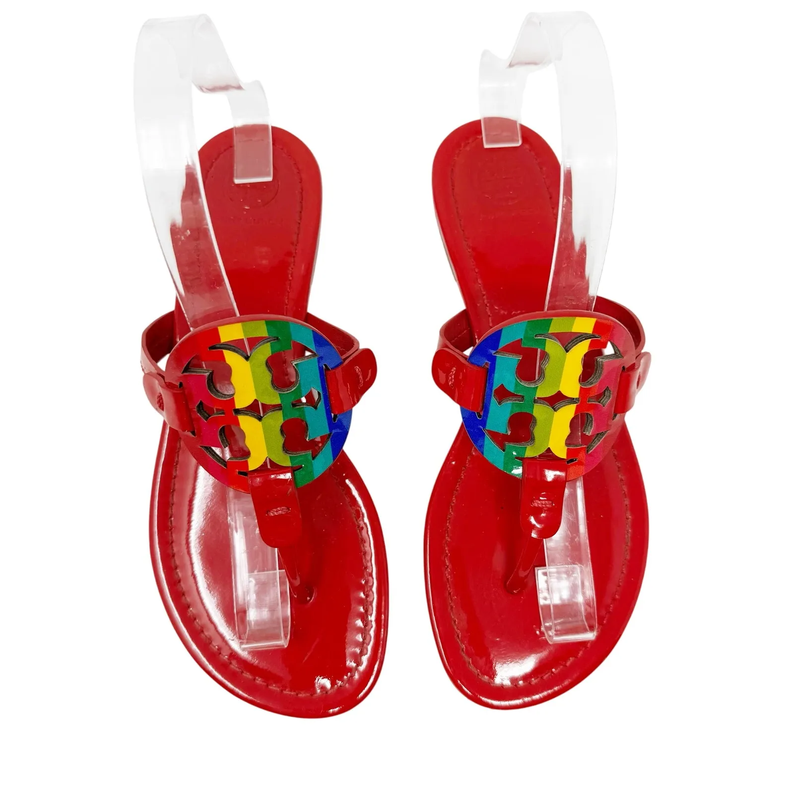 TORY BURCH Red Rainbow Patent Leather Miller Sandals Logo Medallion Size 7 - Image 2