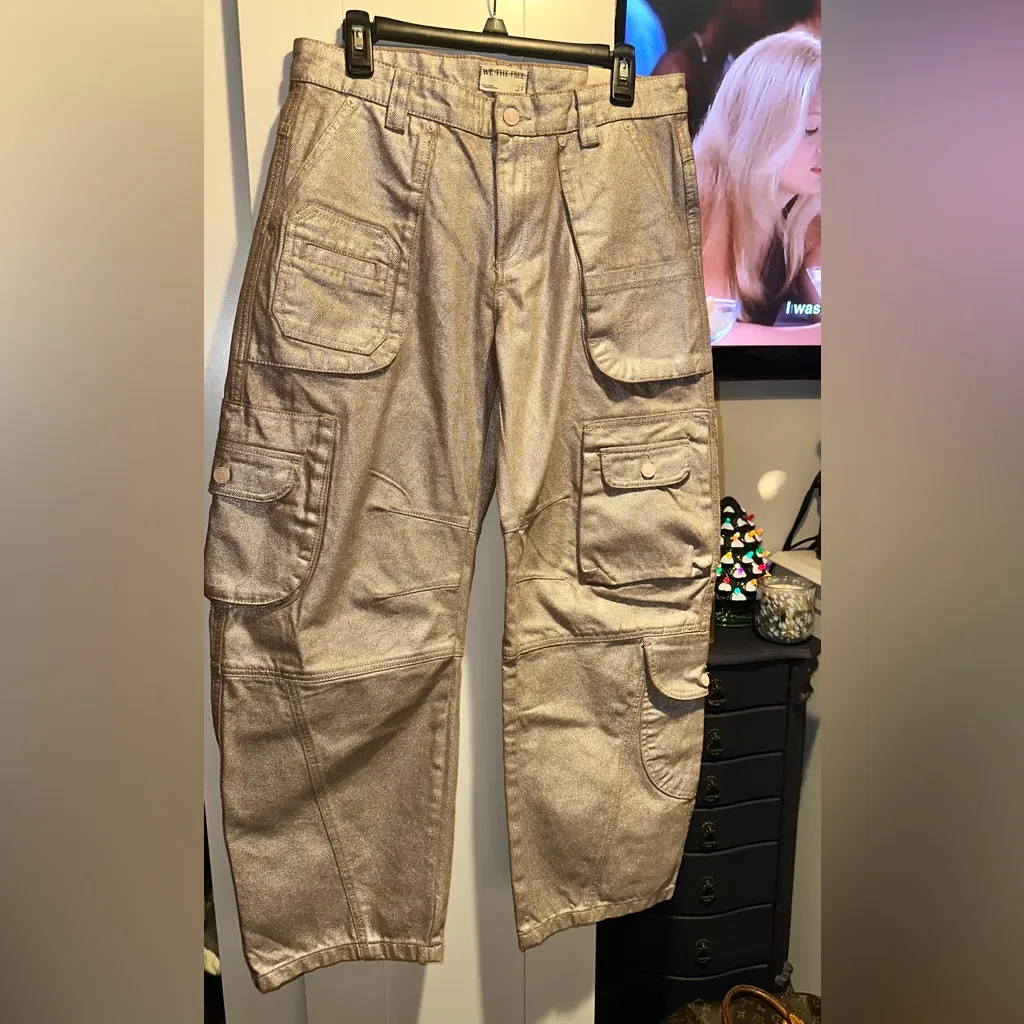 NWOT FREE PEOPLE We The Free Lap Of Luxury Metallic Cargo Pants In Foxy $228MSRP - Image 5