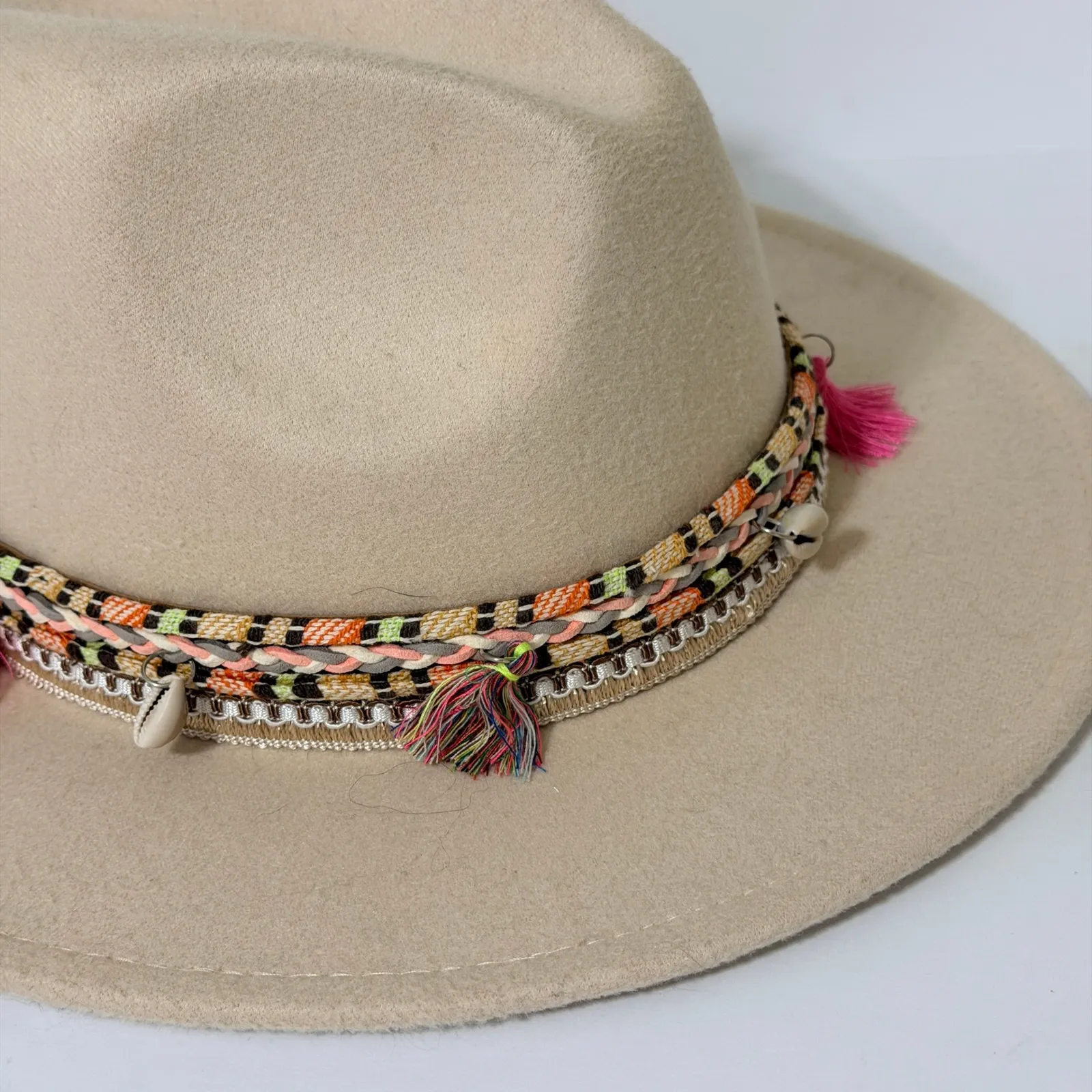 Boho Western Wool Fedora Rancher Hat with Tassels Seashells Woven Band Tan - Image 5