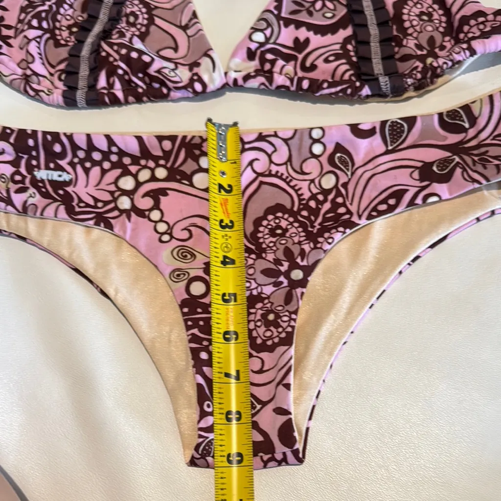 Women large Floral Pink Brown Bikini Set stitching ruffles pleats triangle top - Image 7