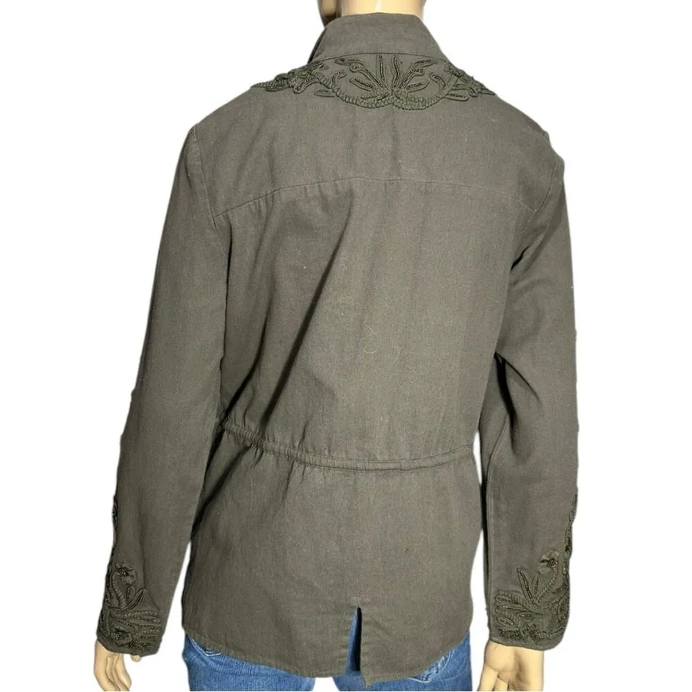 Love Sam L Olive Green Travis Cargo Beaded Embroidered Military Snap Up Jacket - Image 9