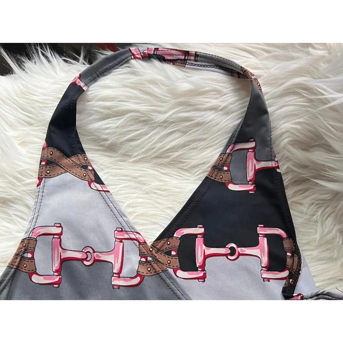 Horse Girls!!! Halter Neck Tank Top with Horse Bit Print Gray Size M - Image 3