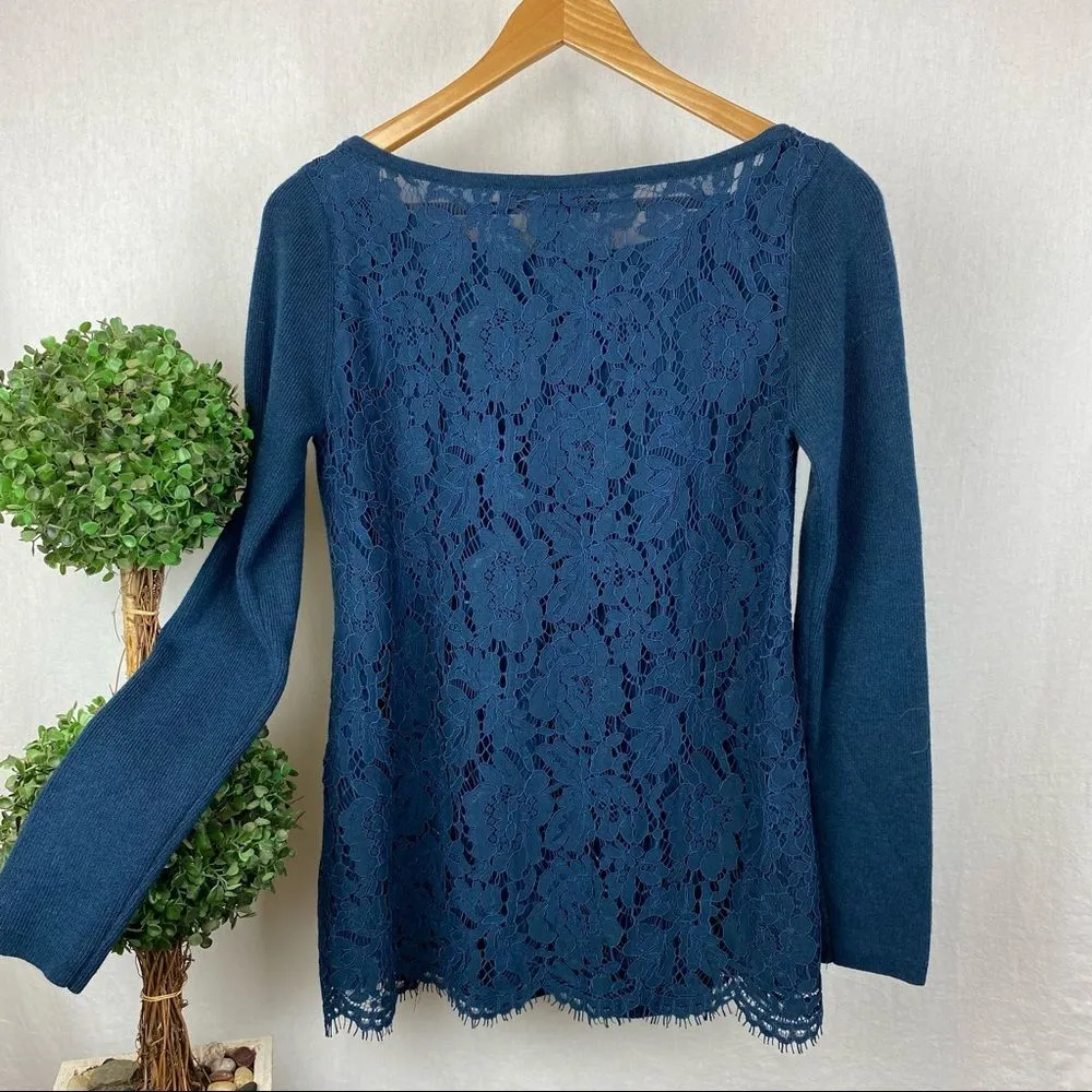 White House Black Market Blue Lace Back Knit Long Sleeve Boatneck Sweater Top S - Image 3