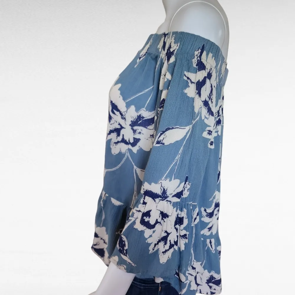 Indulge InStyle Ble Floral Gauze Off Shoulder Bell Sleeve Blouse Size Large - Image 3