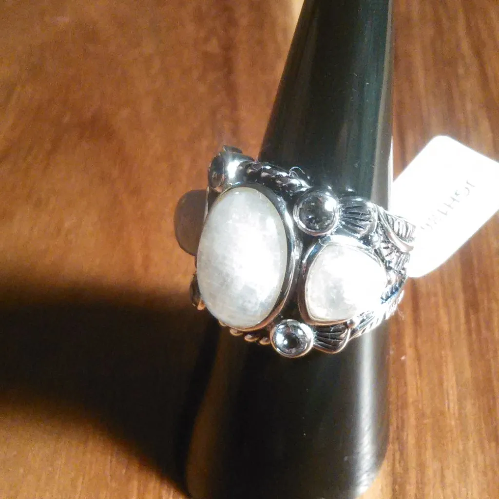 White Rainbow Moonstone Three Stone Sterling Silver Ring (Size 7) - Image 15