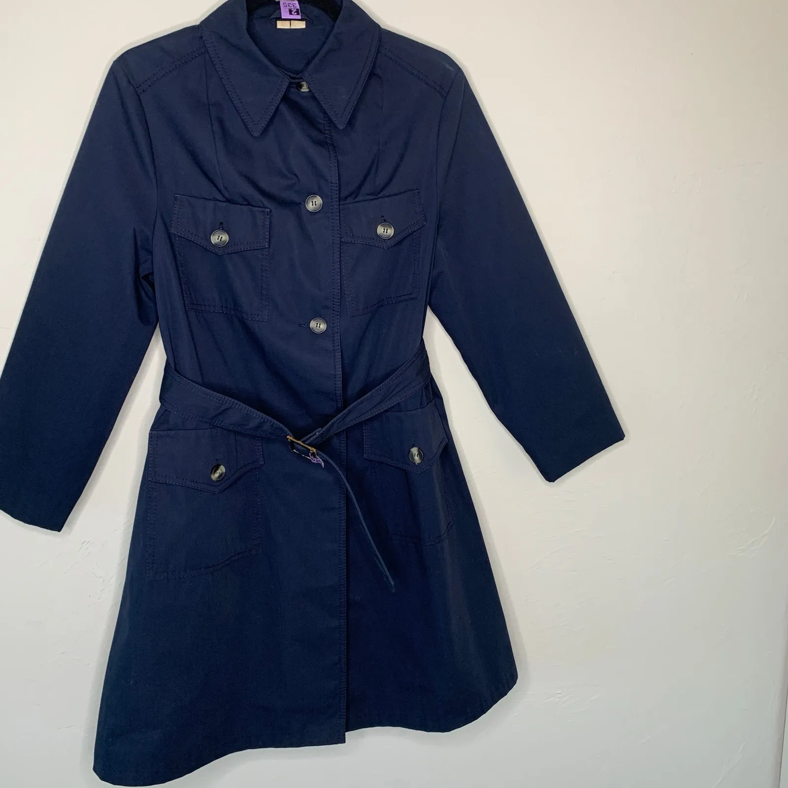Navy Blue Vintage 70s 80s Trench Coat Horn Button Style Belted Classic Medium - Image 5