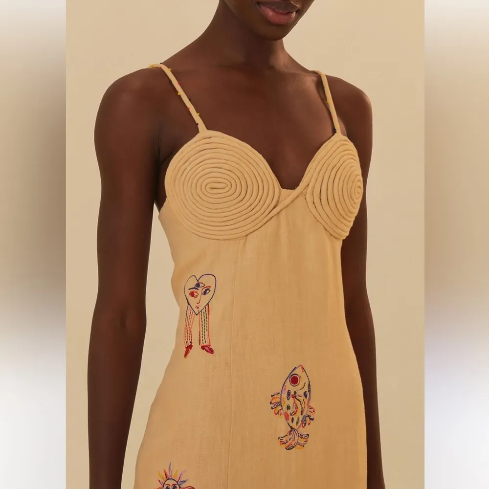 FARM Rio x Anthropologie Tan Embroidered Linen Blend Midi Dress NEW small - Image 3