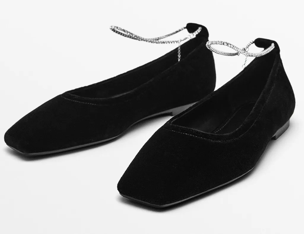 NWT Massimo Dutti Ballet Flats Square Toe Rhinestone Ankle Strap Black Velvet 5 - Image 1