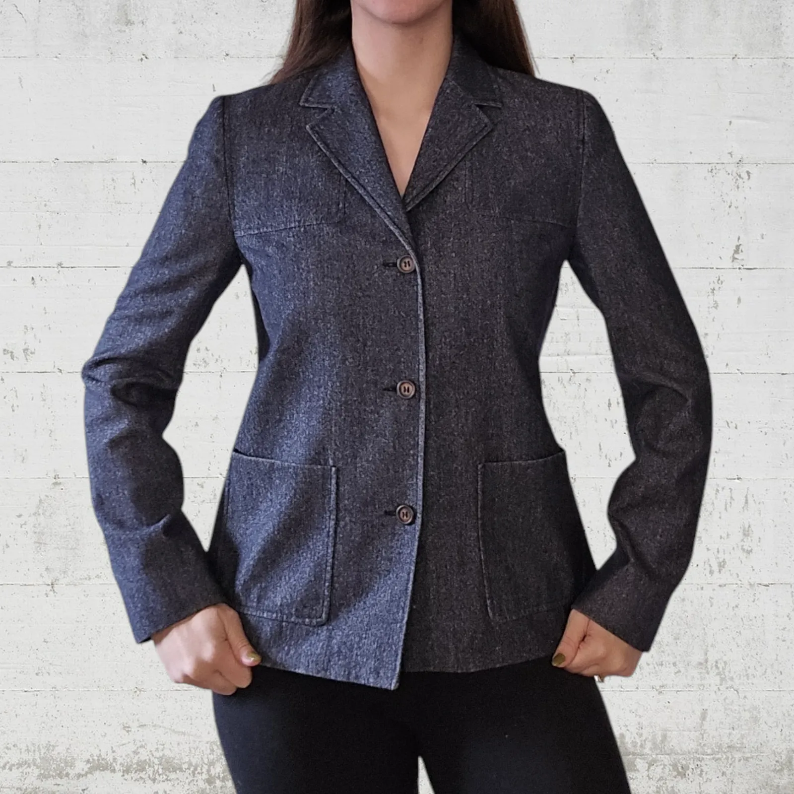 Vintage 90s Michael Kors Navy Wool Blend Chambray Single Breasted Jacket Size 8 - Image 10