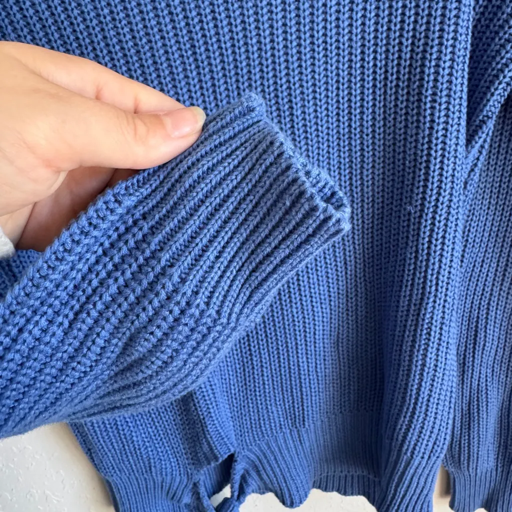 English Factory Blue Chunky Knit Crew Neck Sweater Womens XS Tied Waist Coquette - Image 4