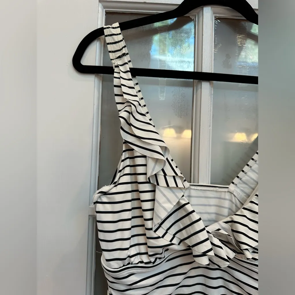 RL Lauren Ralph Lauren Black White Ruffled Striped Tankini Top Underwire Size 16 - Image 4