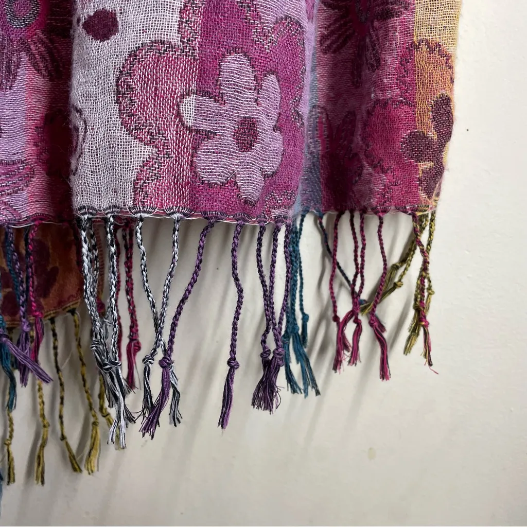 Boho Knit Jacquard Floral Ruffle Scarf Mixed Pattern Fringe Pink Multicolor - Image 6