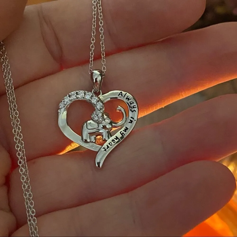 Elephant Always In My Heart Sterling Silver CZ Heart Necklace - Image 3