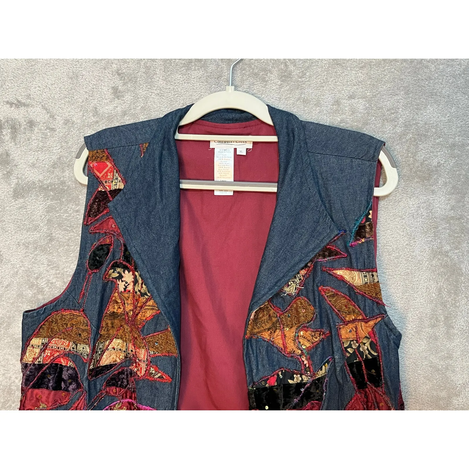 Coldwater Creek Denim Vest XL Floral Patchwork Embroidered Boho Western - Image 2