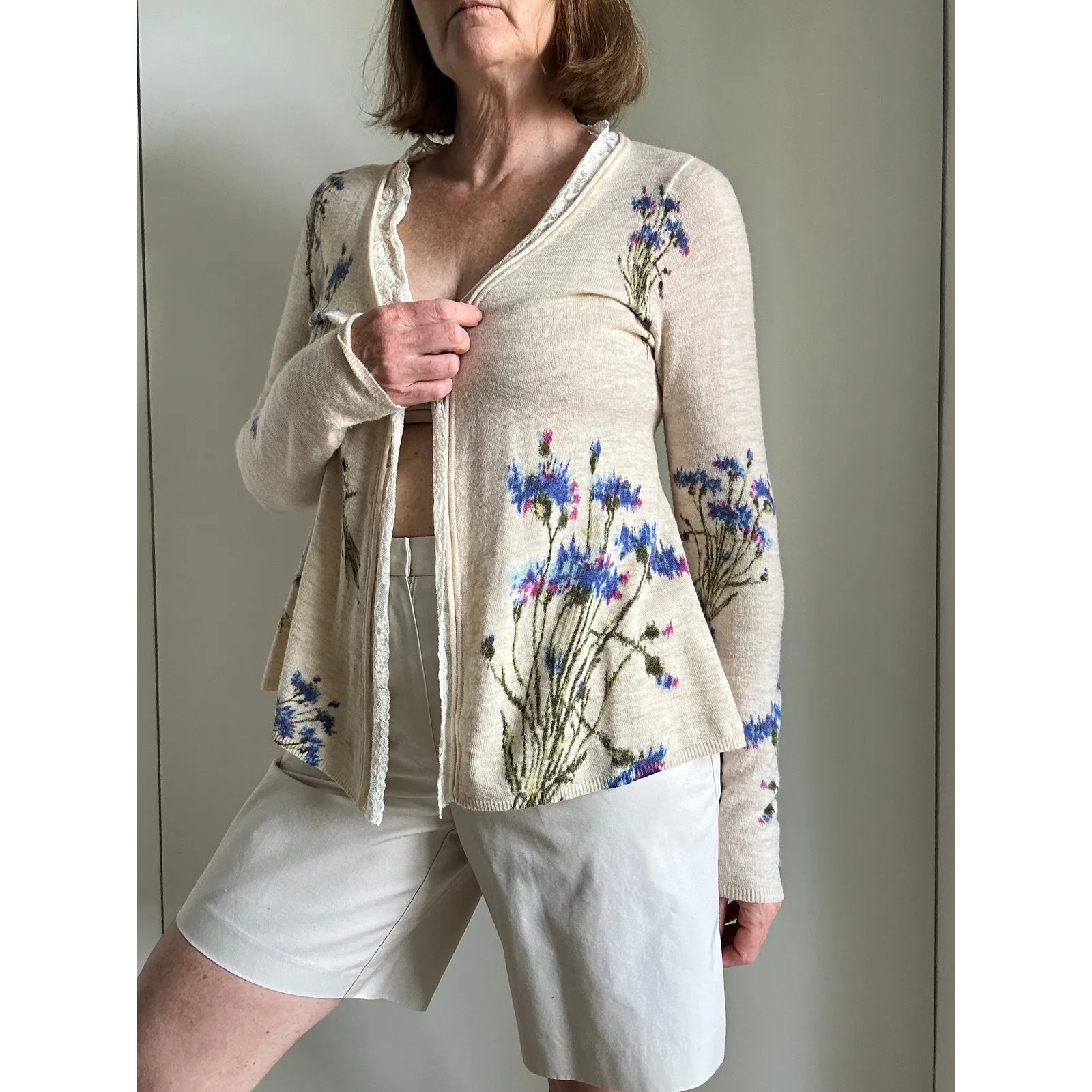 Knitted & Knotted Anthro Wool Cardigan Sweater Size Sm Open Neutral Floral Blue - Image 6