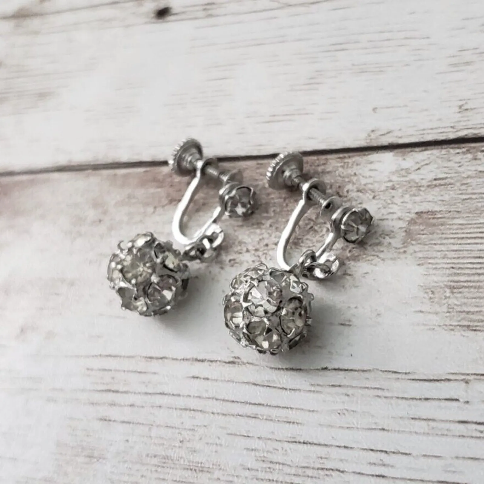 Vintage Screw On Earrings Clear Gem Ball Dangle Silver - Image 2