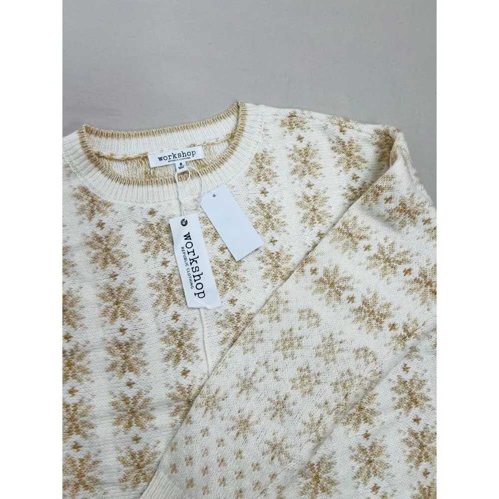 NWT Workshop Republic Clothing Womens Sweater Size XS Fair Isle Cream Gold Cozy - Image 9