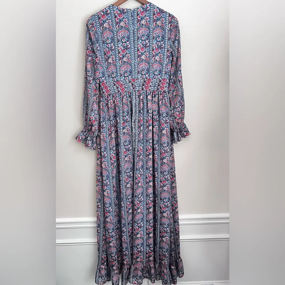 MIKAEL AGHAL Ruffle Trim Floral Print Burnout Georgette Maxi Dress long sleeve Blue Size 6 - Image 5