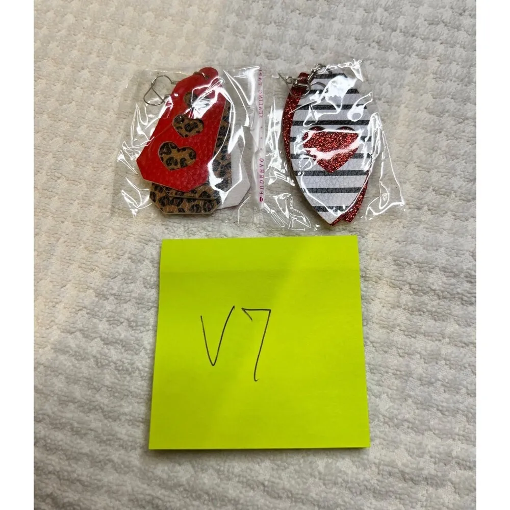 Earrings Heart Love Earring Valentines Earrings Dangle Faux Leather Red White B1 - Image 2