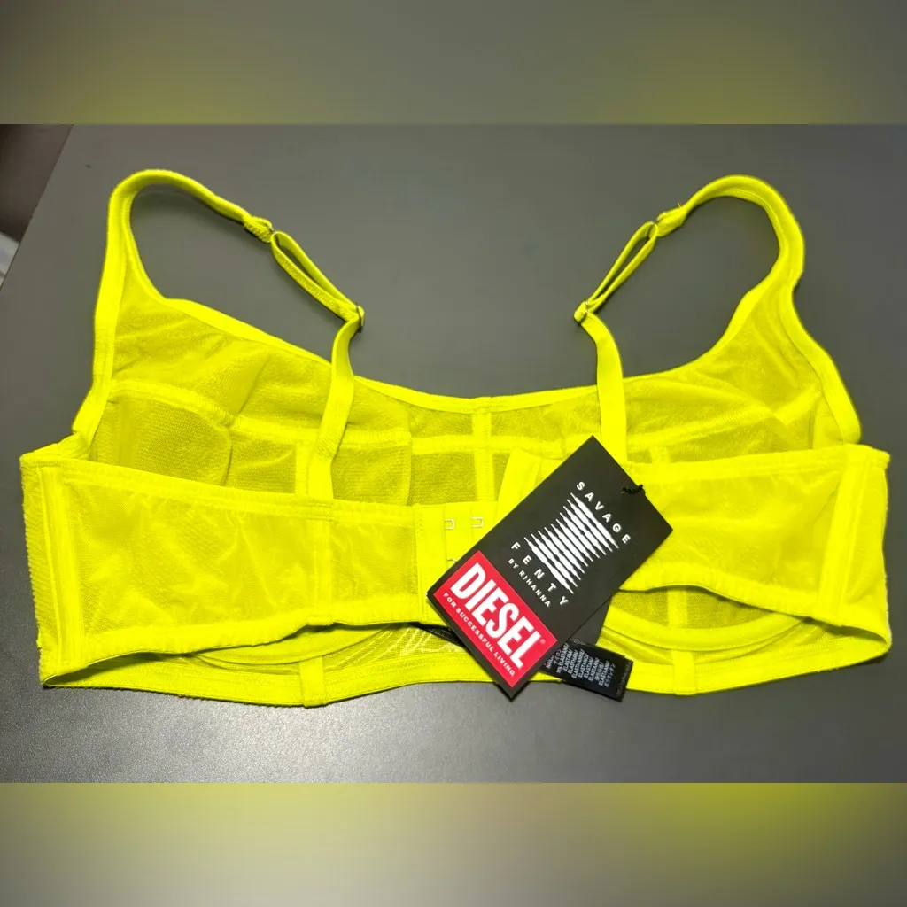 DIESEL X SAVAGE X FENTY Neon Yellow Suspender Bustier Bra in Foiled Fishnet - Image 5