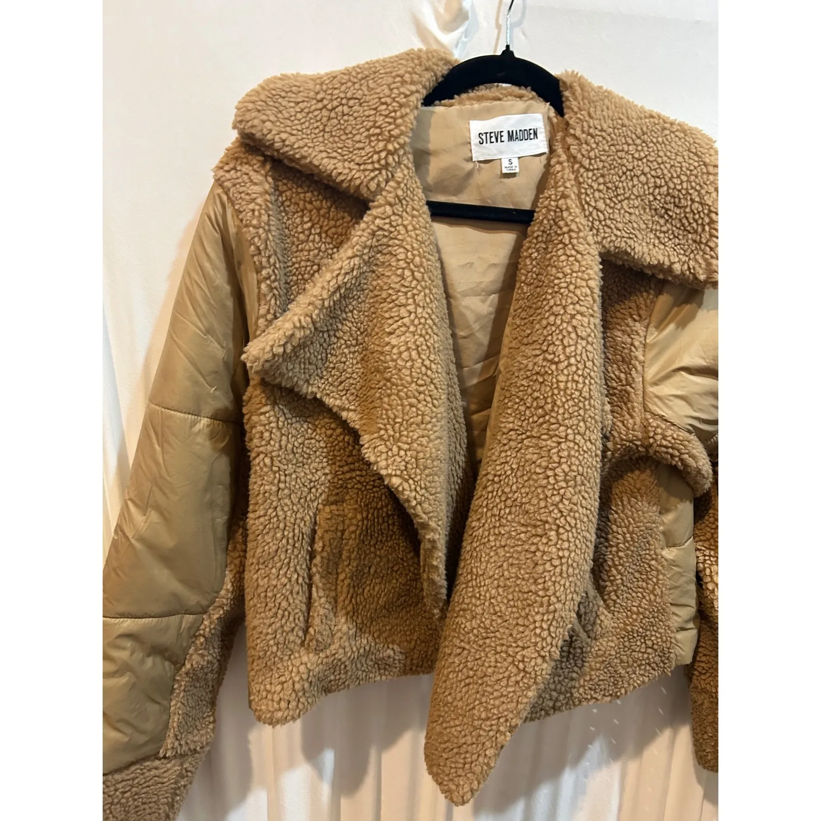 Steve Madden Teddy Fleece Puffer Jacket Tan Brown Collared‎ Coat - Image 2
