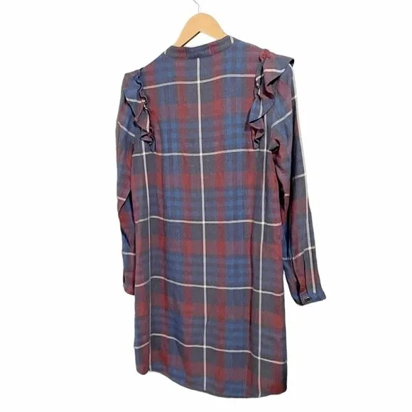 Anthropologie Cloth & Stone Dress Blue Plaid Ruffled Shirt Dress Size XS Western - Image 8