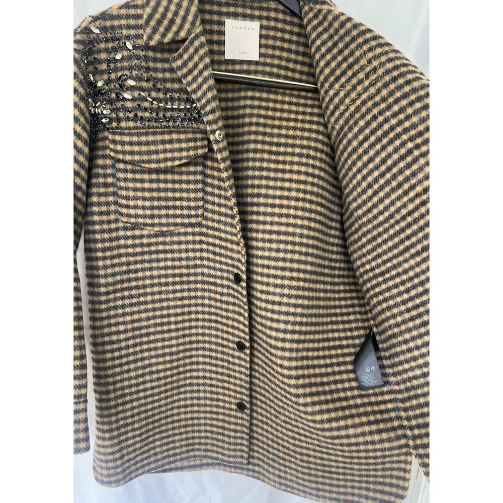 Sandro Paris Brodan Beaded Plaid Check Coat Wool Blend Button Front EU 38 US 6 - Image 12