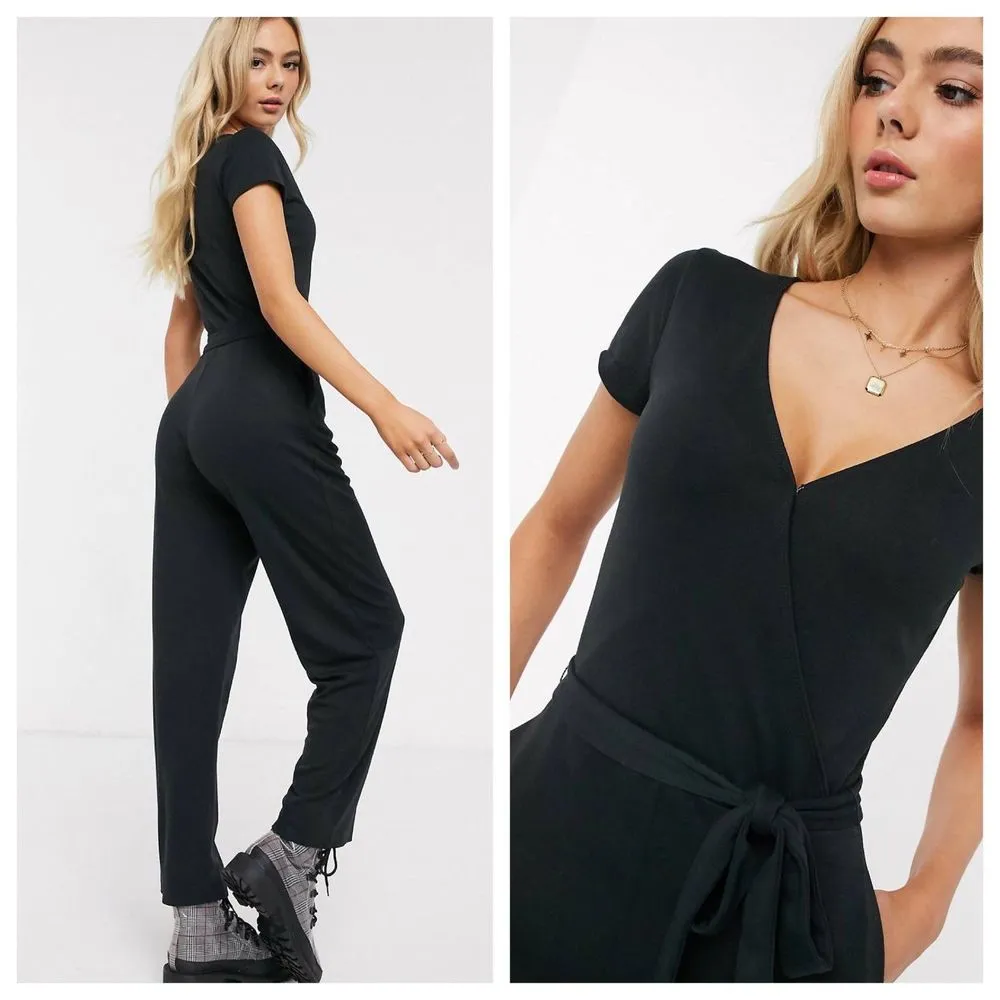 Hollister | Black Deep V Short Sleeve Soft Stretchy Tie Waist Jumpsuit Size XS - Image 3