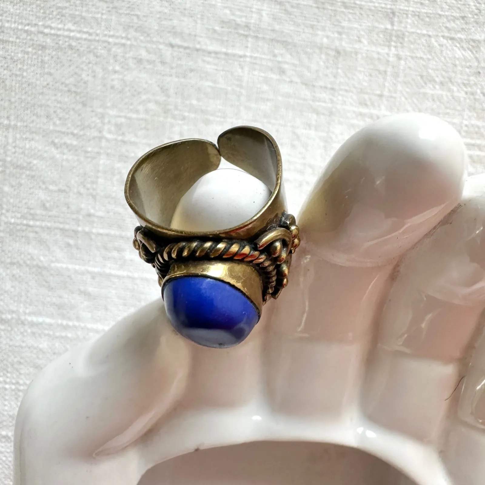 Vanessa Mooney Vintage Brass Ring with Oval Blue Stone Statement Adjustable Size - Image 8