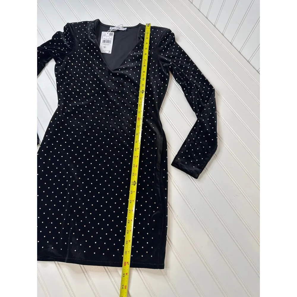 NWT MANGO Rhinestones Velvet Dress V-Neck Long Sleeve Mini Bodycon Size 4 - Image 5