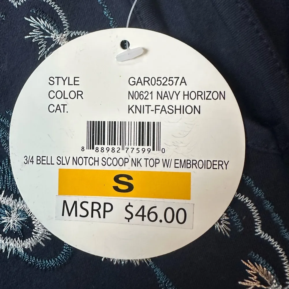 NWT Madison Michelle Navy Blue Boho Blouse Flare Sleeves Embroidered Flowers - Image 5