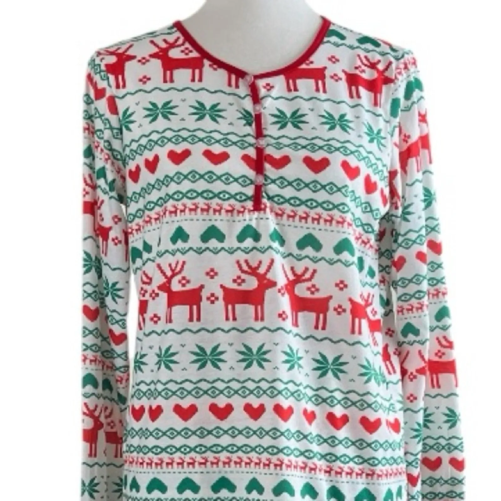 Christmas Pajama Set Jogger Pant Top Reindeer White Green Red Women's Size Large - Image 6