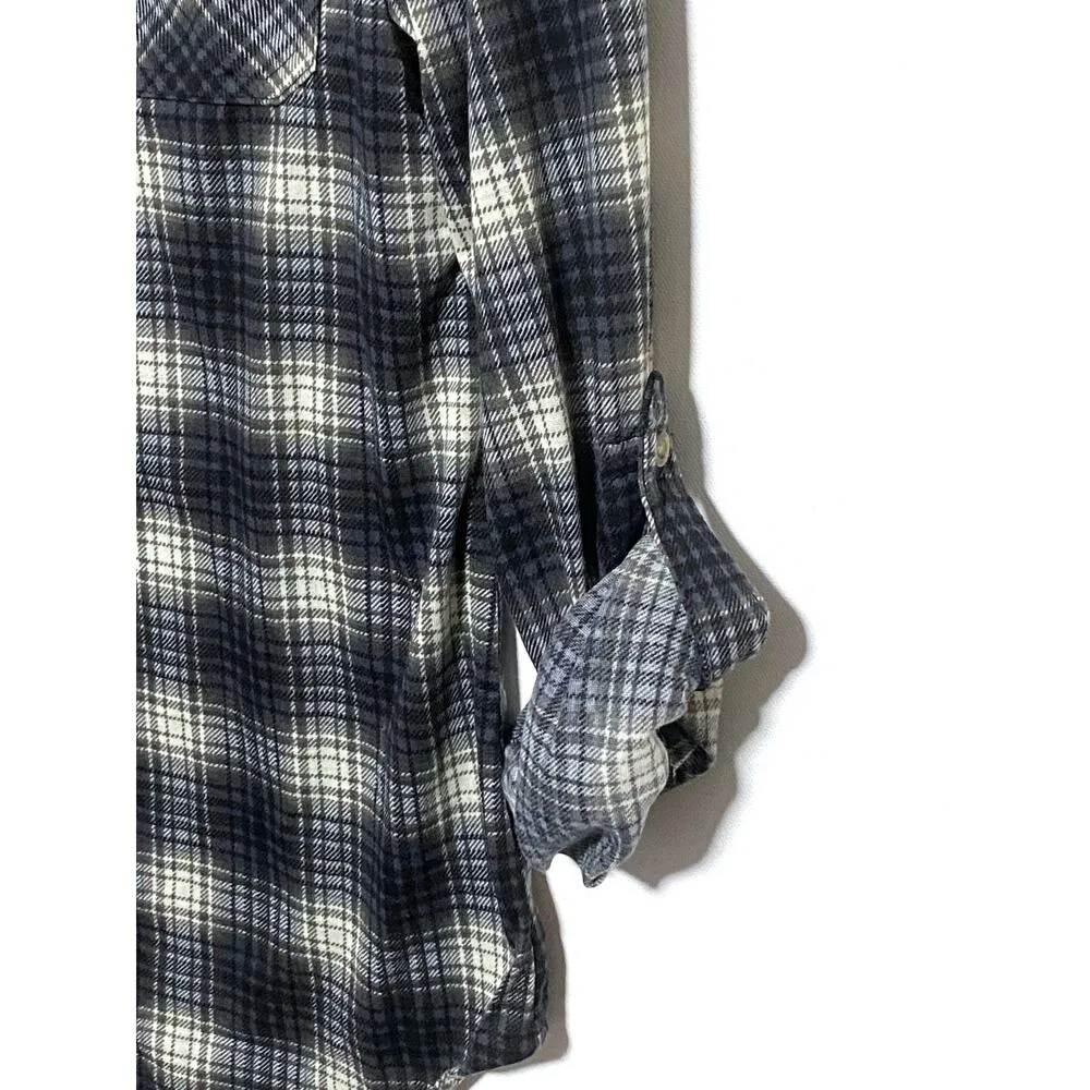 Passport Plaid Button Shirt Front Flap Pockets Womens Small Roll Tab Sleeves Blue - Image 4